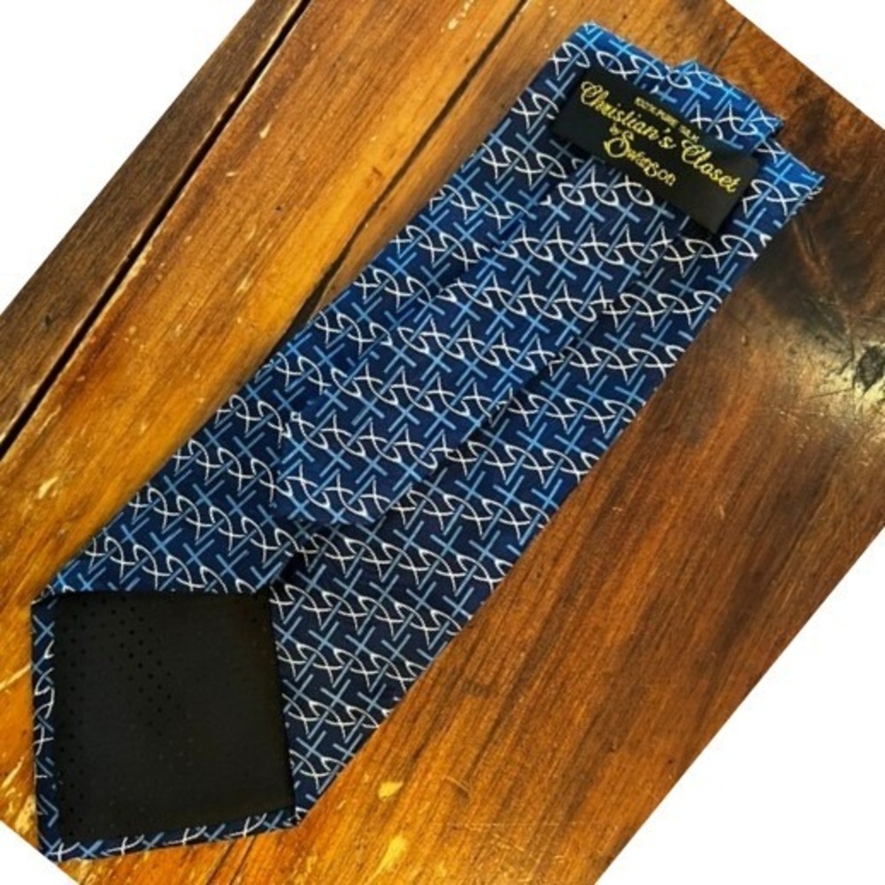 Christian's Closet by Swanson Necktie Men OS Blue Silk Cross Ichthys Pattern
